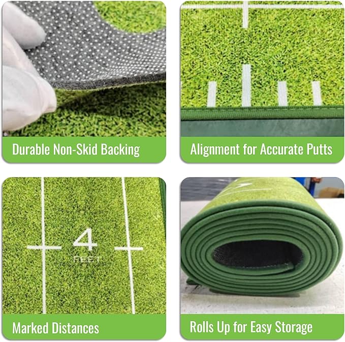 Putting Green Indoor | Wrinkle-Free Golf Mat with Auto Ball Return | Non-Slip Surface & Alignment Markings for Accurate Putting Practice at Home, Office & Outdoors | Improve Stroke Control & Precision